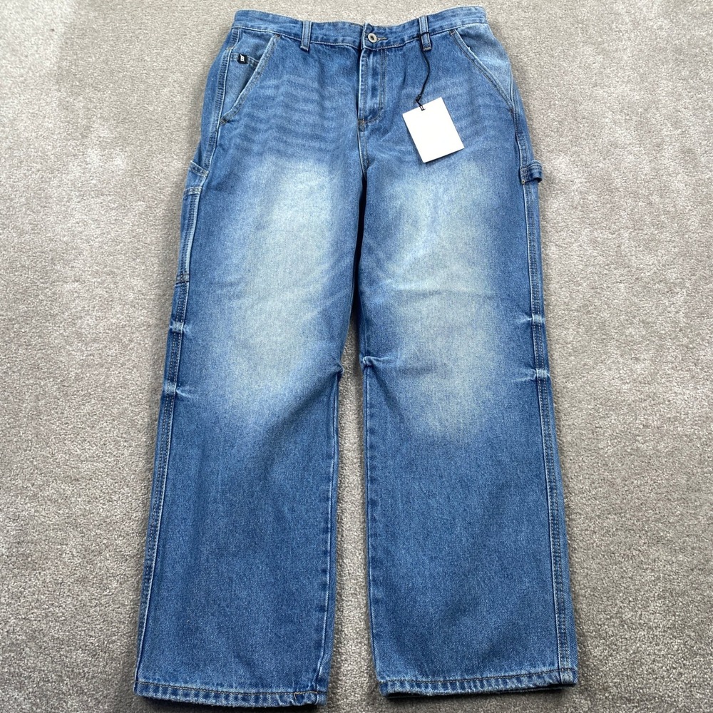 Broken Threads Mens Loose Straight Carpenter Jeans Blue Medium Wash 32 NEW